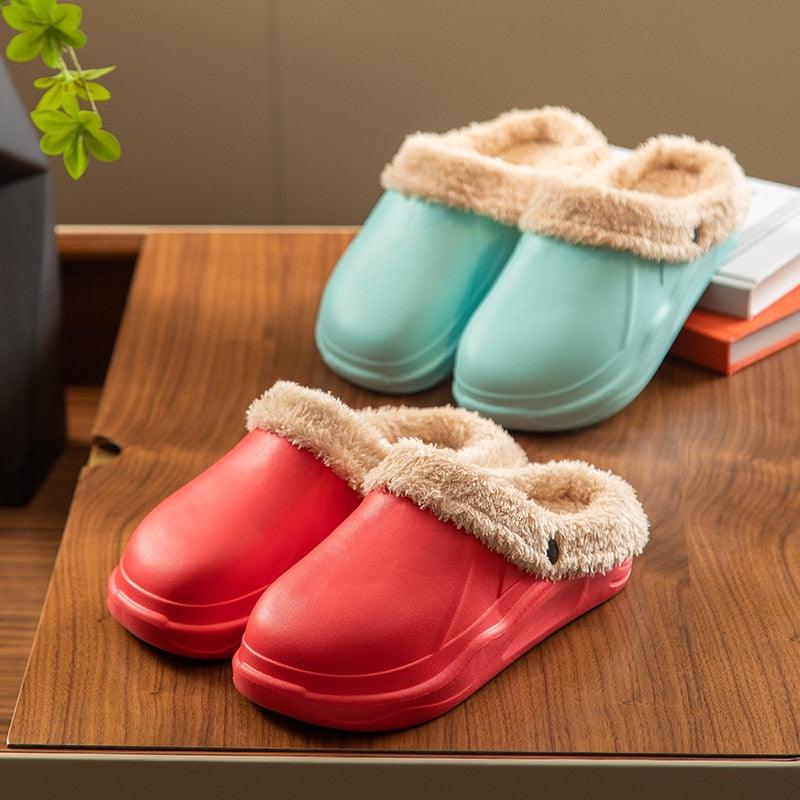 Winter Woman Plush Waterproof Warm Fur Slippers Lady Clogs Lovers Home Indoor Floor Cotton Shoes Fluffy Fleece Lined Winter Indoor Outdoor Non-Slip House Home Slip On Garden Men Women Shoes