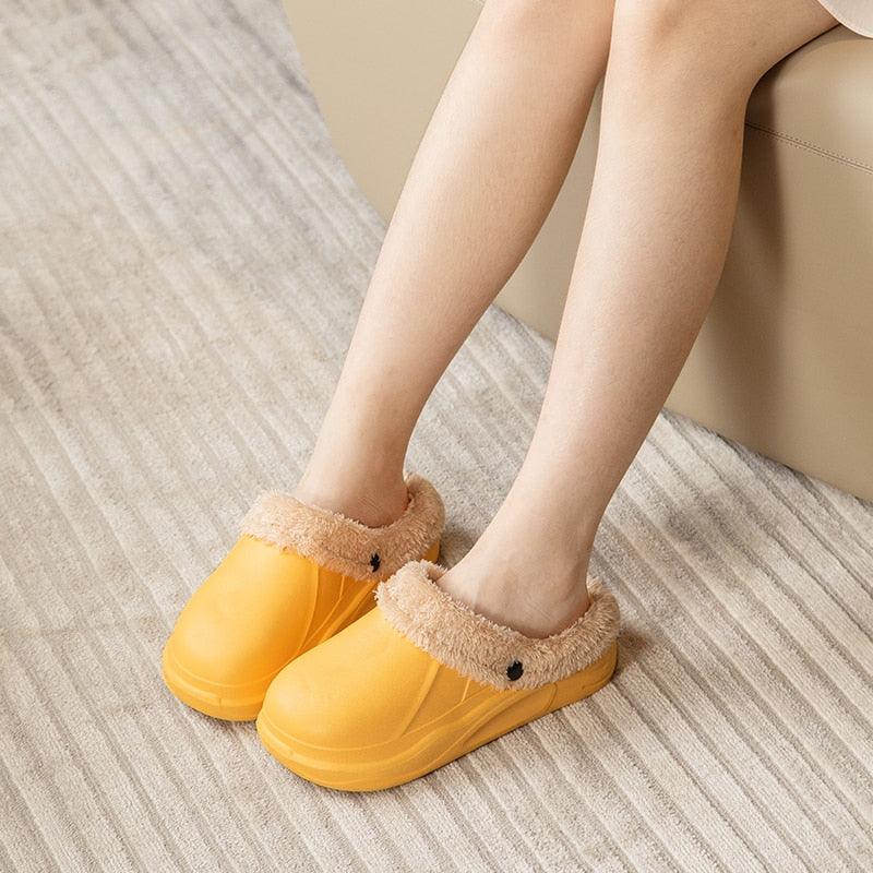 Winter Woman Plush Waterproof Warm Fur Slippers Lady Clogs Lovers Home Indoor Floor Cotton Shoes Fluffy Fleece Lined Winter Indoor Outdoor Non-Slip House Home Slip On Garden Men Women Shoes