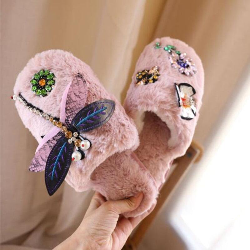 Winter Woman Warm Home Slippers Women Diamond Flip Flops Fur Slides Anti-slip Indoor Slippers Slip On Bedroom Shoes Memory Foam Wool Lining Indoor Ourdoor Non Skid Slippers