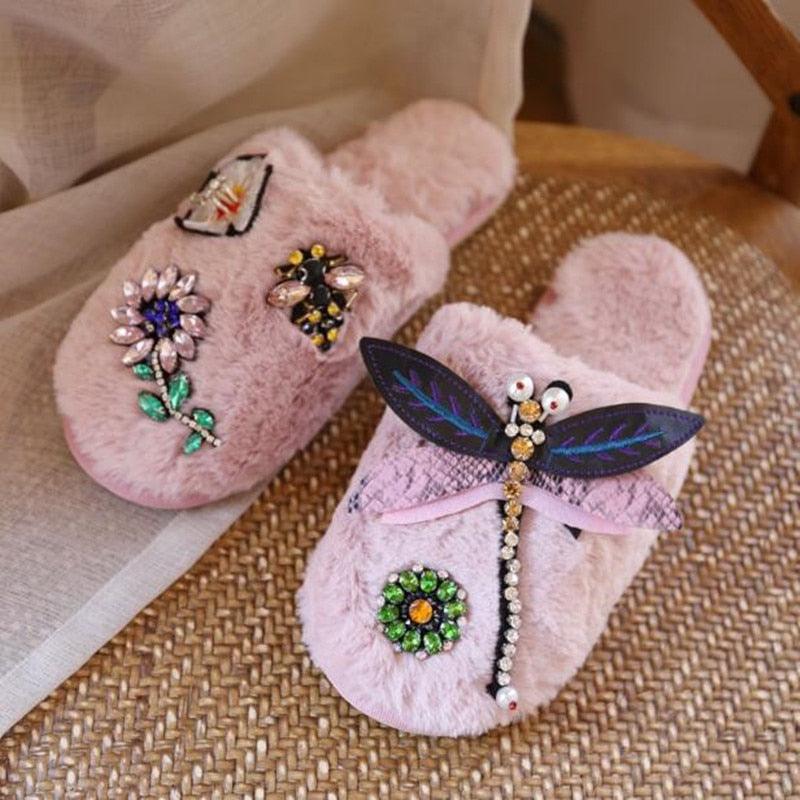 Winter Woman Warm Home Slippers Women Diamond Flip Flops Fur Slides Anti-slip Indoor Slippers Slip On Bedroom Shoes Memory Foam Wool Lining Indoor Ourdoor Non Skid Slippers