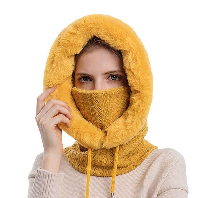 Winter Women 3 in 1 Knitted Ski Hat With Scarf Neck Warmer Fleece Lined Hood Face Mask Adult Balaclava For Outdoor Sports Balaclava Wind-Resistant Winter Face Mask Fleece Ski Mask for Men and Women Warm Face Cover Hat Cap Scarf