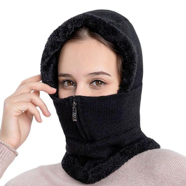 Winter Women 3 in 1 Knitted Ski Hat With Scarf Neck Warmer Fleece Lined Hood Face Mask Adult Balaclava For Outdoor Sports Balaclava Wind-Resistant Winter Face Mask Fleece Ski Mask for Men and Women Warm Face Cover Hat Cap Scarf