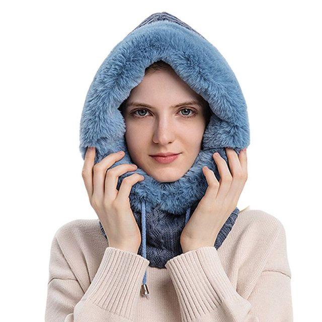 Winter Women 3 in 1 Knitted Ski Hat With Scarf Neck Warmer Fleece Lined Hood Face Mask Adult Balaclava For Outdoor Sports Balaclava Wind-Resistant Winter Face Mask Fleece Ski Mask for Men and Women Warm Face Cover Hat Cap Scarf