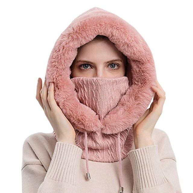 Winter Women 3 in 1 Knitted Ski Hat With Scarf Neck Warmer Fleece Lined Hood Face Mask Adult Balaclava For Outdoor Sports Balaclava Wind-Resistant Winter Face Mask Fleece Ski Mask for Men and Women Warm Face Cover Hat Cap Scarf