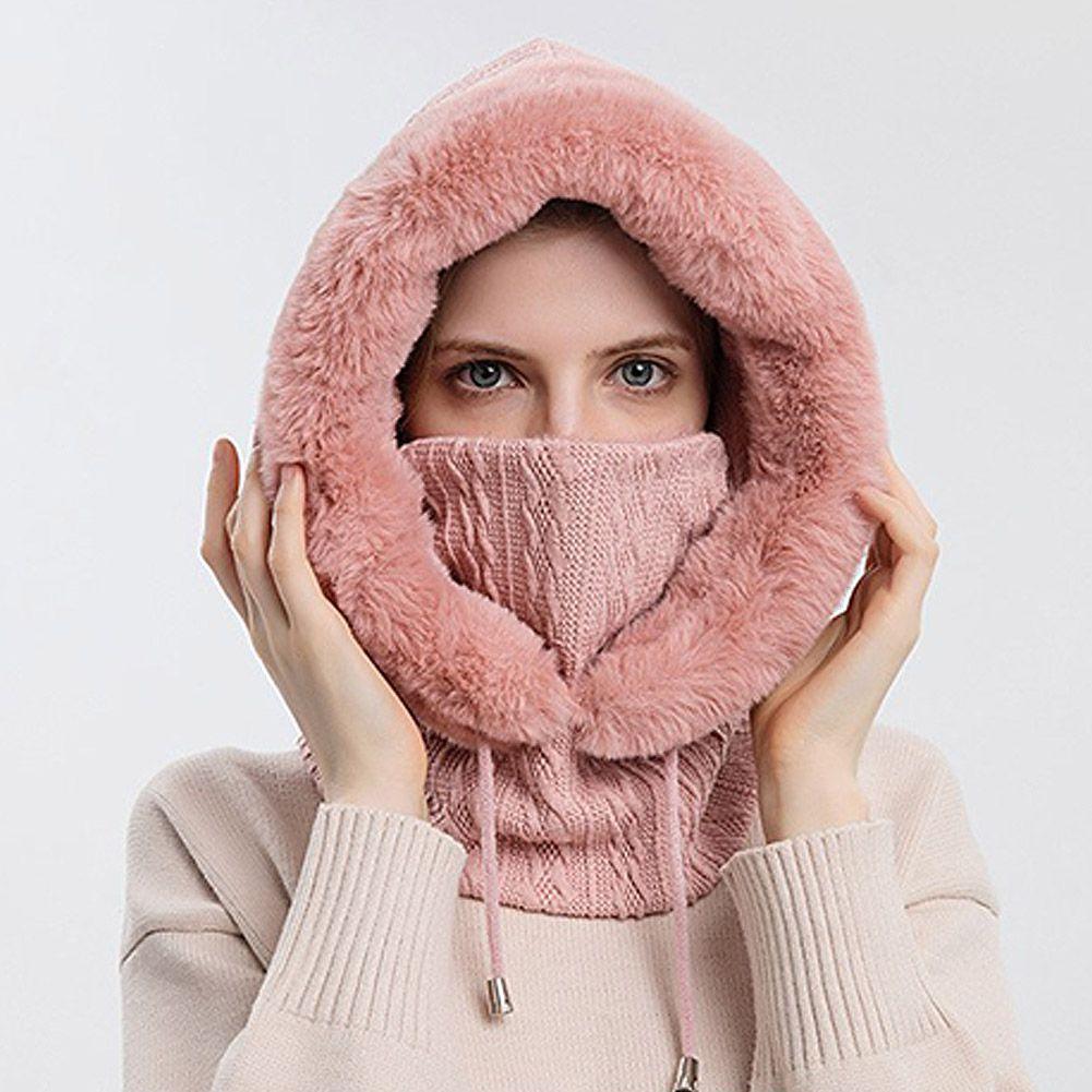 Winter Women 3 in 1 Knitted Ski Hat With Scarf Neck Warmer Fleece Lined Hood Face Mask Adult Balaclava For Outdoor Sports Balaclava Wind-Resistant Winter Face Mask Fleece Ski Mask for Men and Women Warm Face Cover Hat Cap Scarf