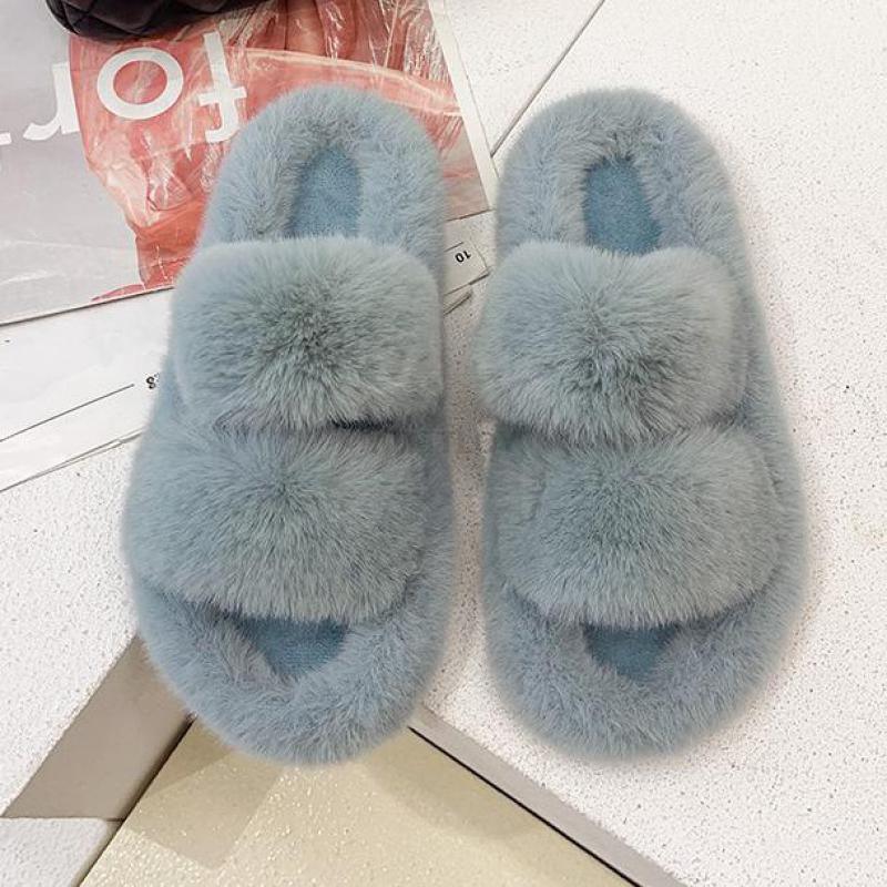 Winter Women House Furry Slippers Fashion Faux Fur Warm Shoes Slip On Flats Home Slides Plush Indoor Furry Cozy Open Toe House Shoes Indoor Outdoor Faux Fur Warm Comfy Slippers