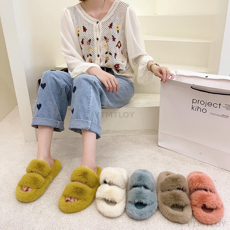 Winter Women House Furry Slippers Fashion Faux Fur Warm Shoes Slip On Flats Home Slides Plush Indoor Furry Cozy Open Toe House Shoes Indoor Outdoor Faux Fur Warm Comfy Slippers