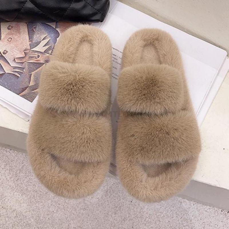 Winter Women House Furry Slippers Fashion Faux Fur Warm Shoes Slip On Flats Home Slides Plush Indoor Furry Cozy Open Toe House Shoes Indoor Outdoor Faux Fur Warm Comfy Slippers