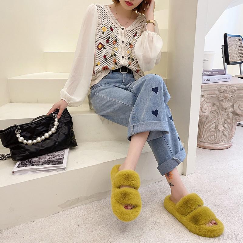 Winter Women House Furry Slippers Fashion Faux Fur Warm Shoes Slip On Flats Home Slides Plush Indoor Furry Cozy Open Toe House Shoes Indoor Outdoor Faux Fur Warm Comfy Slippers