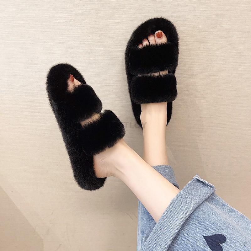 Winter Women House Furry Slippers Fashion Faux Fur Warm Shoes Slip On Flats Home Slides Plush Indoor Furry Cozy Open Toe House Shoes Indoor Outdoor Faux Fur Warm Comfy Slippers