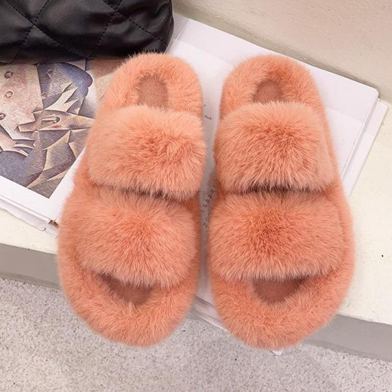 Winter Women House Furry Slippers Fashion Faux Fur Warm Shoes Slip On Flats Home Slides Plush Indoor Furry Cozy Open Toe House Shoes Indoor Outdoor Faux Fur Warm Comfy Slippers