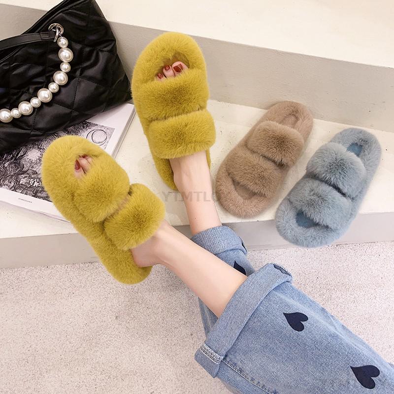 Winter Women House Furry Slippers Fashion Faux Fur Warm Shoes Slip On Flats Home Slides Plush Indoor Furry Cozy Open Toe House Shoes Indoor Outdoor Faux Fur Warm Comfy Slippers