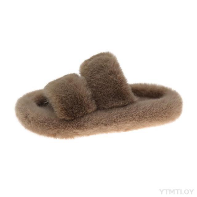 Winter Women House Furry Slippers Fashion Faux Fur Warm Shoes Slip On Flats Home Slides Plush Indoor Furry Cozy Open Toe House Shoes Indoor Outdoor Faux Fur Warm Comfy Slippers