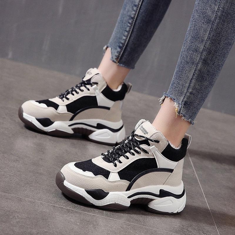 Winter Women's Sneakers Fashion Breathable Casual Running Winter Warm Anti-Slip Soft Sole Warm Fur Lined Winter Womens High Heels Sneakers