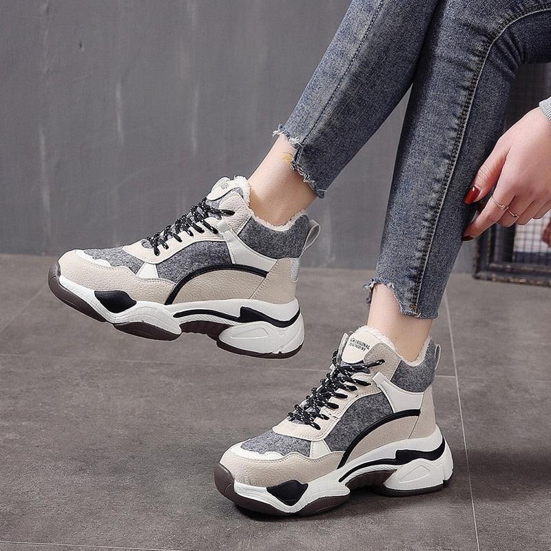 Winter Women's Sneakers Fashion Breathable Casual Running Winter Warm Anti-Slip Soft Sole Warm Fur Lined Winter Womens High Heels Sneakers