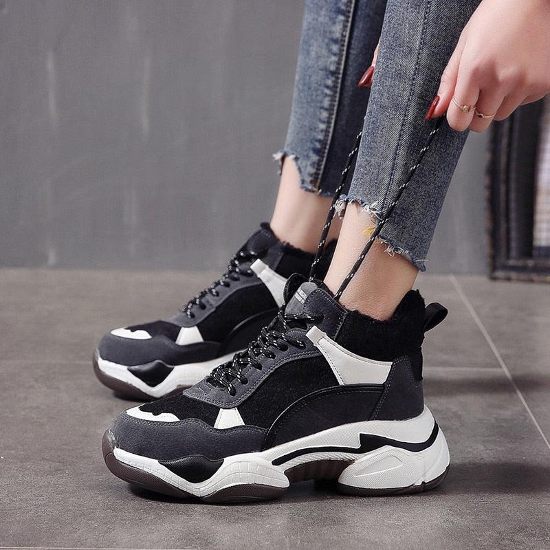 Winter Women's Sneakers Fashion Breathable Casual Running Winter Warm Anti-Slip Soft Sole Warm Fur Lined Winter Womens High Heels Sneakers