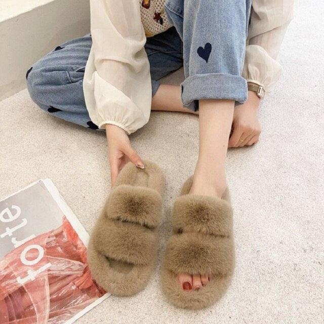 Winter Women Slippers Flat Casual Shoes Women Slippers Furry Slippers Thick Bottom Home Soft Slippers Faux Fur Slippers Comfy Open Toe Two Band Slides With Fleece Lining And Rubber Sole