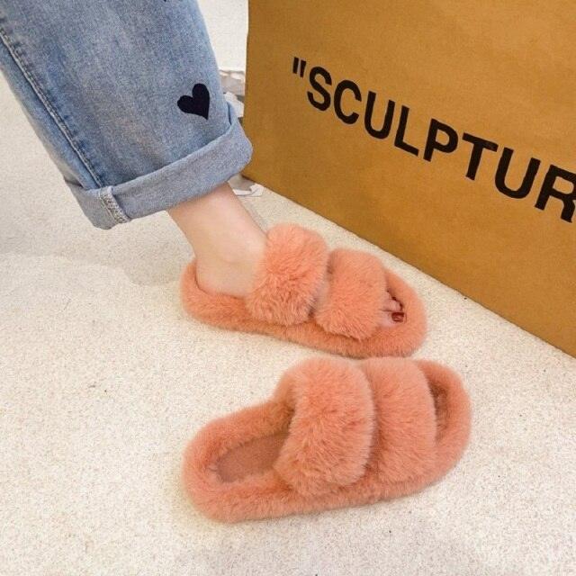 Winter Women Slippers Flat Casual Shoes Women Slippers Furry Slippers Thick Bottom Home Soft Slippers Faux Fur Slippers Comfy Open Toe Two Band Slides With Fleece Lining And Rubber Sole