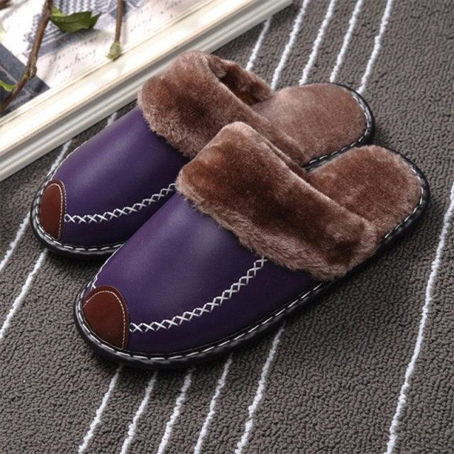 Winter Women Slippers Leather Home House Indoor Non-Slip Thermal Shoes Men Warm Furry Slippers Winter House Slippers Comfy Warm Indoor Outdoor Memory Foam Non Slip Home Bedroom Shoes