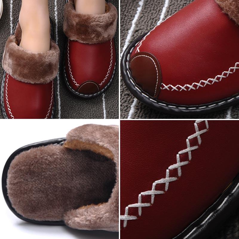 Winter Women Slippers Leather Home House Indoor Non-Slip Thermal Shoes Men Warm Furry Slippers Winter House Slippers Comfy Warm Indoor Outdoor Memory Foam Non Slip Home Bedroom Shoes