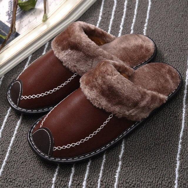 Winter Women Slippers Leather Home House Indoor Non-Slip Thermal Shoes Men Warm Furry Slippers Winter House Slippers Comfy Warm Indoor Outdoor Memory Foam Non Slip Home Bedroom Shoes