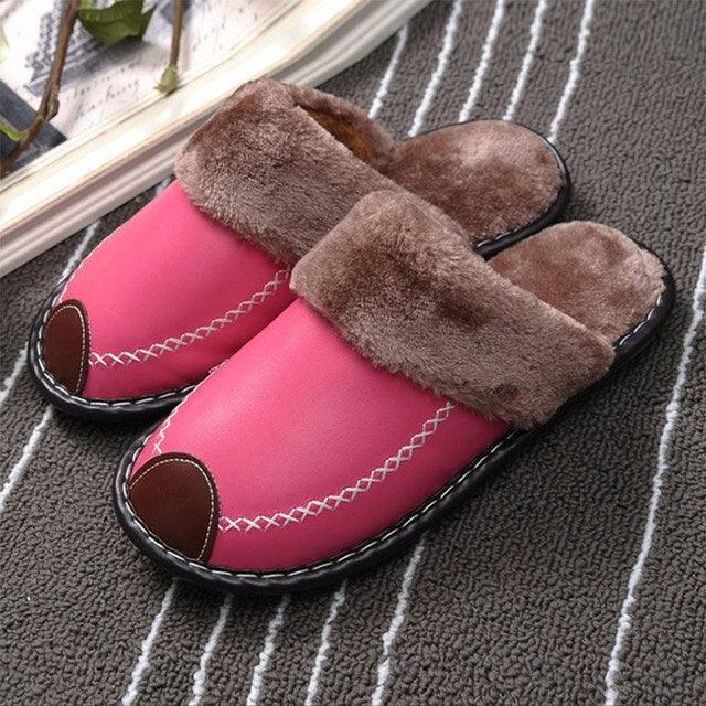 Winter Women Slippers Leather Home House Indoor Non-Slip Thermal Shoes Men Warm Furry Slippers Winter House Slippers Comfy Warm Indoor Outdoor Memory Foam Non Slip Home Bedroom Shoes