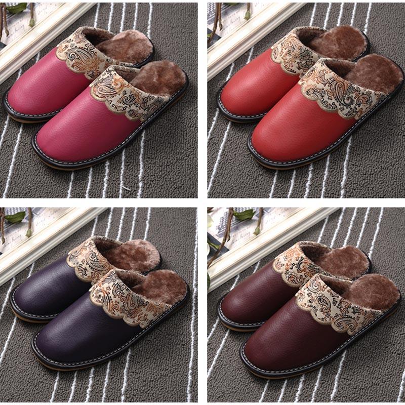 Winter Women Slippers Leather Home House Indoor Non-Slip Thermal Shoes Men Warm Furry Slippers Winter House Slippers Comfy Warm Indoor Outdoor Memory Foam Non Slip Home Bedroom Shoes