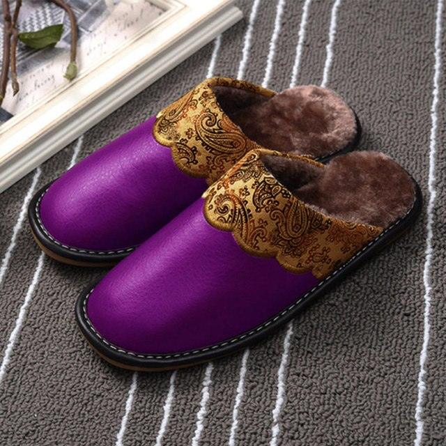 Winter Women Slippers Leather Home House Indoor Non-Slip Thermal Shoes Men Warm Furry Slippers Winter House Slippers Comfy Warm Indoor Outdoor Memory Foam Non Slip Home Bedroom Shoes