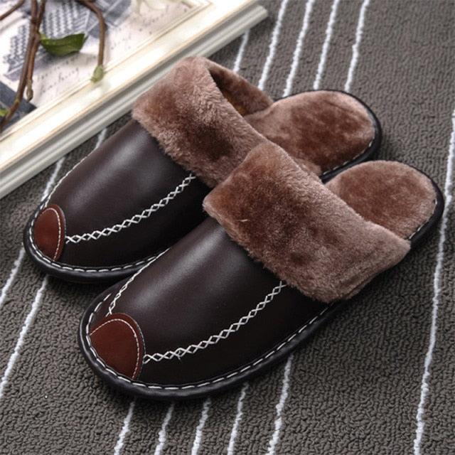 Winter Women Slippers Leather Home House Indoor Non-Slip Thermal Shoes Men Warm Furry Slippers Winter House Slippers Comfy Warm Indoor Outdoor Memory Foam Non Slip Home Bedroom Shoes