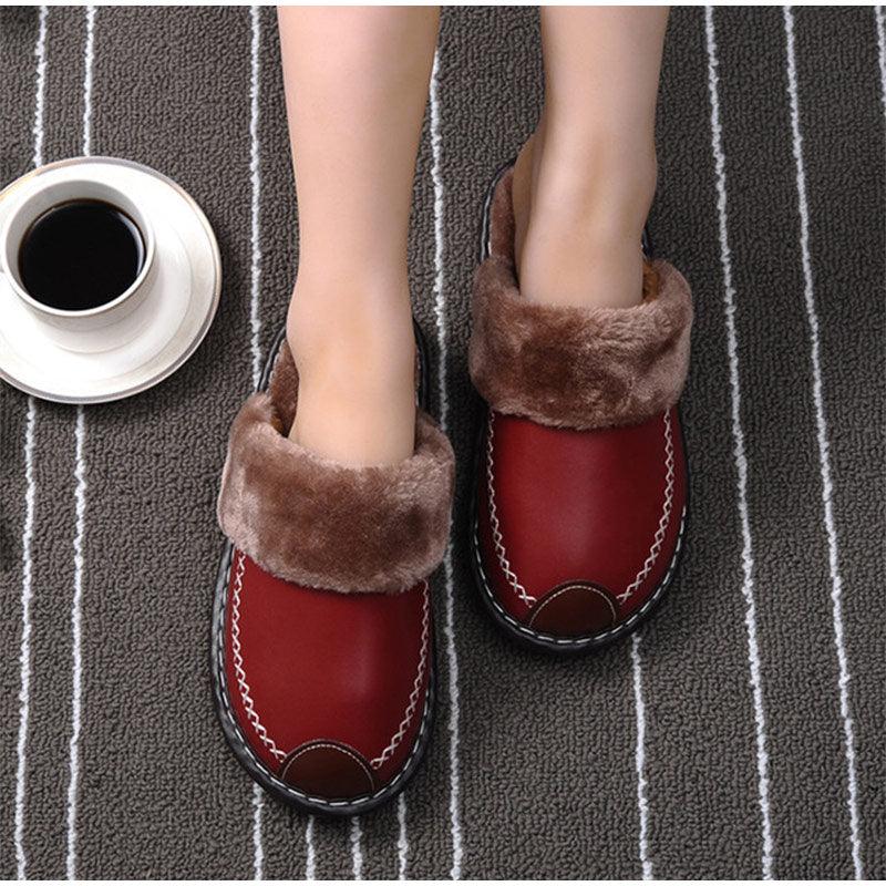 Winter Women Slippers Leather Home House Indoor Non-Slip Thermal Shoes Men Warm Furry Slippers Winter House Slippers Comfy Warm Indoor Outdoor Memory Foam Non Slip Home Bedroom Shoes