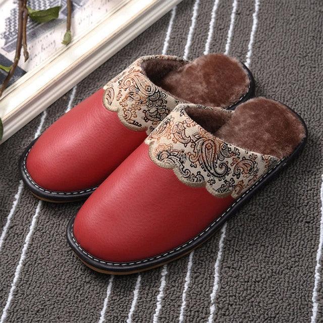 Winter Women Slippers Leather Home House Indoor Non-Slip Thermal Shoes Men Warm Furry Slippers Winter House Slippers Comfy Warm Indoor Outdoor Memory Foam Non Slip Home Bedroom Shoes