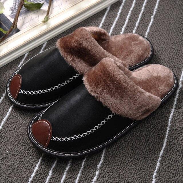 Winter Women Slippers Leather Home House Indoor Non-Slip Thermal Shoes Men Warm Furry Slippers Winter House Slippers Comfy Warm Indoor Outdoor Memory Foam Non Slip Home Bedroom Shoes