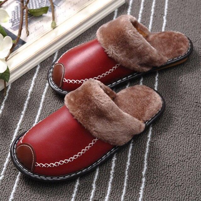 Winter Women Slippers Leather Home House Indoor Non-Slip Thermal Shoes Men Warm Furry Slippers Winter House Slippers Comfy Warm Indoor Outdoor Memory Foam Non Slip Home Bedroom Shoes