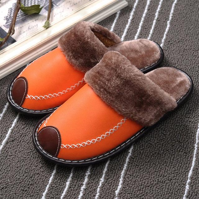 Winter Women Slippers Leather Home House Indoor Non-Slip Thermal Shoes Men Warm Furry Slippers Winter House Slippers Comfy Warm Indoor Outdoor Memory Foam Non Slip Home Bedroom Shoes