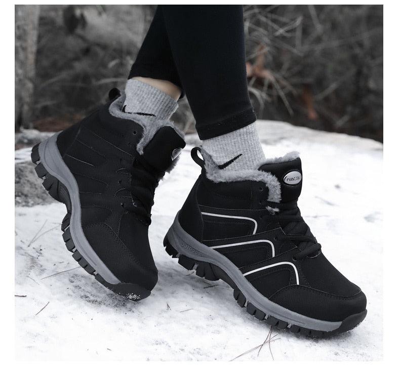 Winter Womens Mens Boots Plush Leather Waterproof Climbing Hunting Shoes Unisex Lace-up Outdoor Warm Hiking Boot Warm Ankle Cushionable Non-Slip Fashion Booties For Outdoor Walking