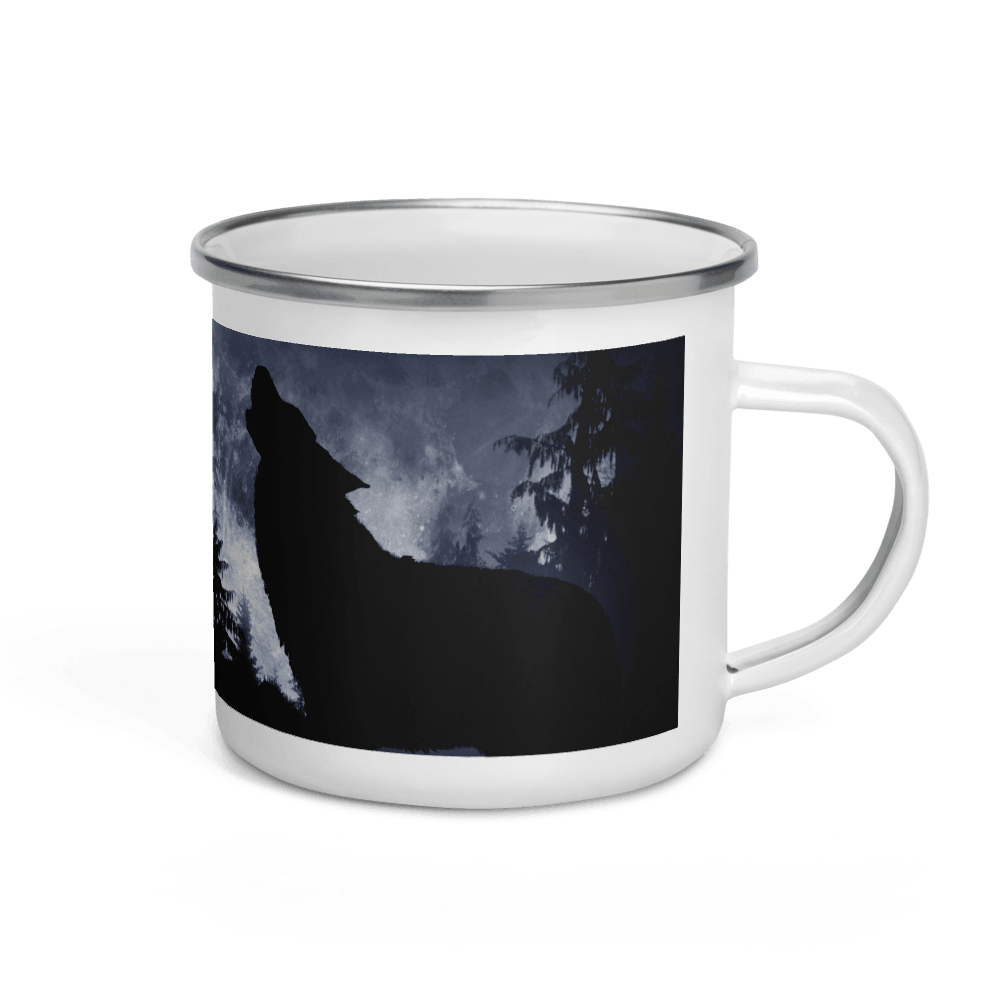 Wolf Hows in Night On Moon Enamel Mug Camp Mug Enamel Camping Coffee Cup Gift Wolf Mug Perfect Holiday Birthday Chirstmas Valentines Gift For Him - STEVVEX POD - 1002, Black and white wolfs mug, Winter Decor mug, Wolf and moon mug, Wolf And mountain Mug, Wolf In dark Mug, Wolf in snow, Wolf in snow enamel mug, Wolf Mug, Wolf On Mountain, Wolf printed enamel mug - Stevvex.com