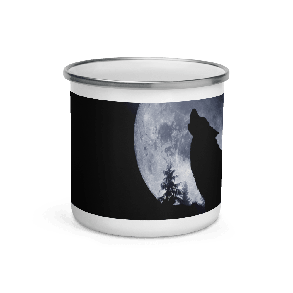 Wolf Hows in Night On Moon Enamel Mug Camp Mug Enamel Camping Coffee Cup Gift Wolf Mug Perfect Holiday Birthday Chirstmas Valentines Gift For Him - STEVVEX POD - 1002, Black and white wolfs mug, Winter Decor mug, Wolf and moon mug, Wolf And mountain Mug, Wolf In dark Mug, Wolf in snow, Wolf in snow enamel mug, Wolf Mug, Wolf On Mountain, Wolf printed enamel mug - Stevvex.com