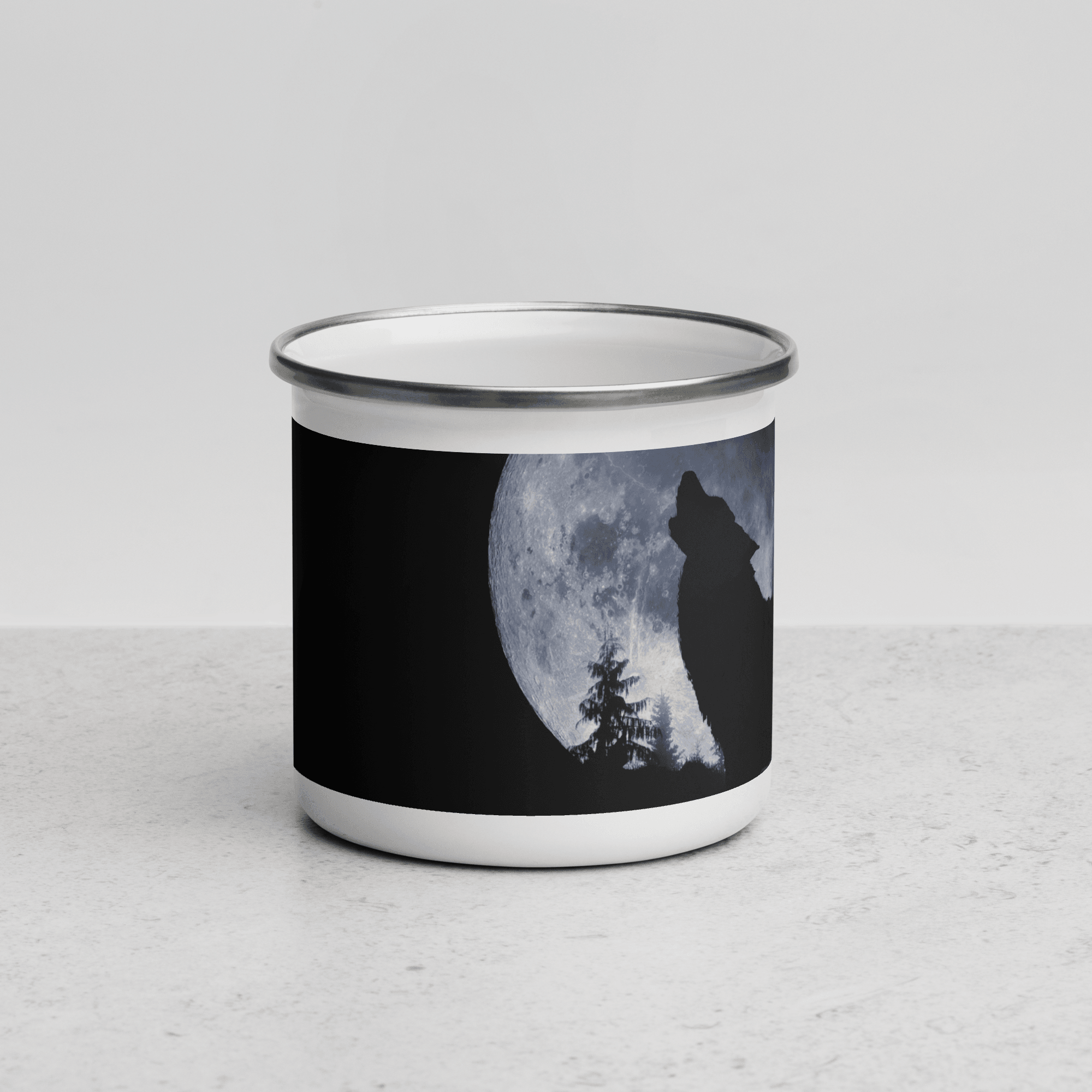 Wolf Hows in Night On Moon Enamel Mug Camp Mug Enamel Camping Coffee Cup Gift Wolf Mug Perfect Holiday Birthday Chirstmas Valentines Gift For Him - STEVVEX POD - 1002, Black and white wolfs mug, Winter Decor mug, Wolf and moon mug, Wolf And mountain Mug, Wolf In dark Mug, Wolf in snow, Wolf in snow enamel mug, Wolf Mug, Wolf On Mountain, Wolf printed enamel mug - Stevvex.com