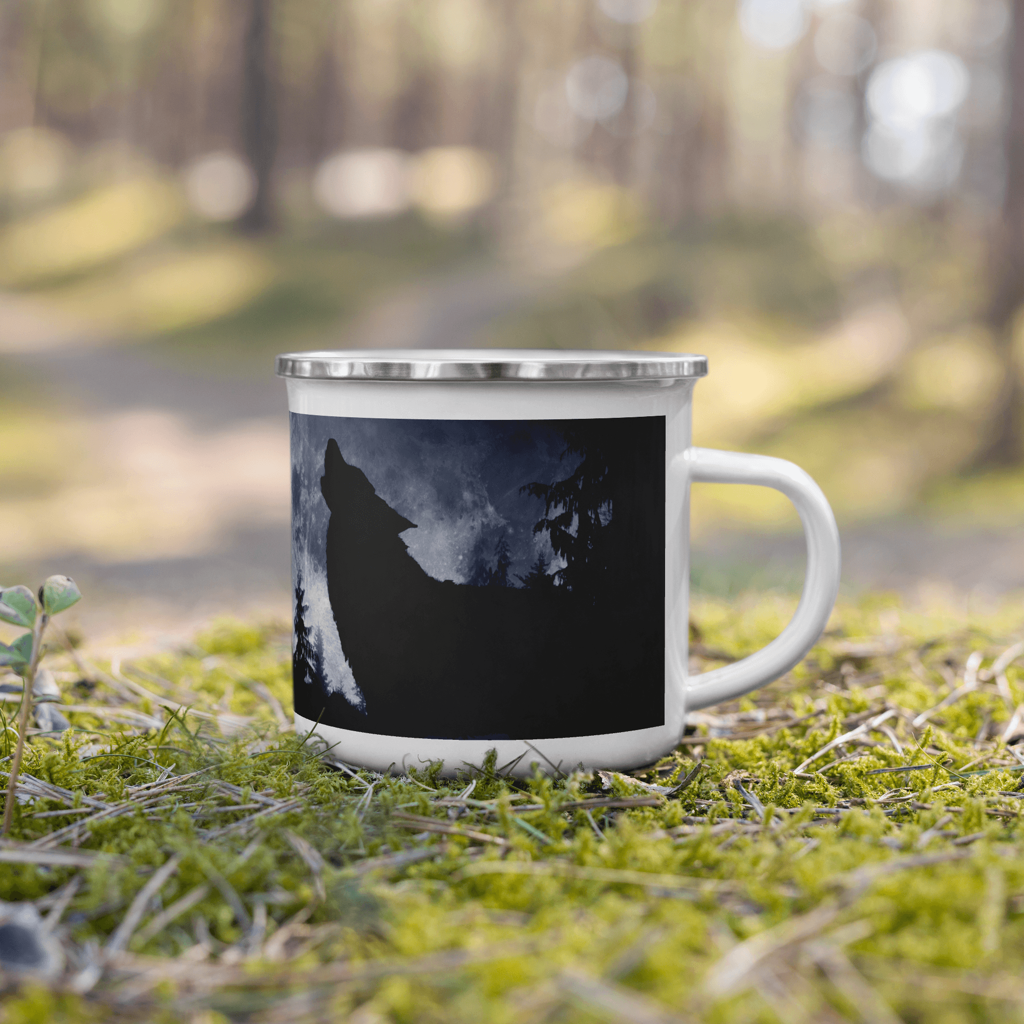 Wolf Hows in Night On Moon Enamel Mug Camp Mug Enamel Camping Coffee Cup Gift Wolf Mug Perfect Holiday Birthday Chirstmas Valentines Gift For Him - STEVVEX POD - 1002, Black and white wolfs mug, Winter Decor mug, Wolf and moon mug, Wolf And mountain Mug, Wolf In dark Mug, Wolf in snow, Wolf in snow enamel mug, Wolf Mug, Wolf On Mountain, Wolf printed enamel mug - Stevvex.com