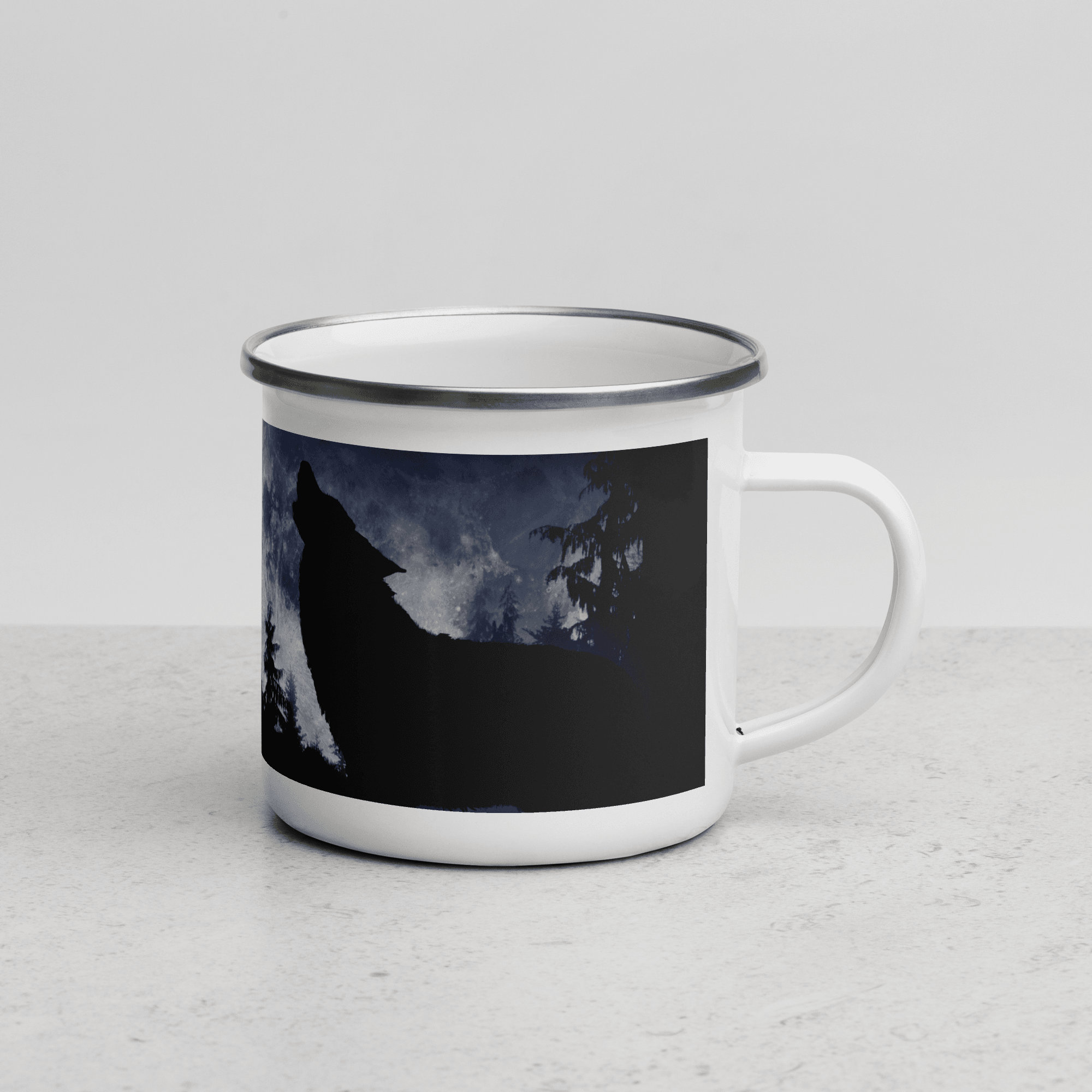 Wolf Hows in Night On Moon Enamel Mug Camp Mug Enamel Camping Coffee Cup Gift Wolf Mug Perfect Holiday Birthday Chirstmas Valentines Gift For Him - STEVVEX POD - 1002, Black and white wolfs mug, Winter Decor mug, Wolf and moon mug, Wolf And mountain Mug, Wolf In dark Mug, Wolf in snow, Wolf in snow enamel mug, Wolf Mug, Wolf On Mountain, Wolf printed enamel mug - Stevvex.com