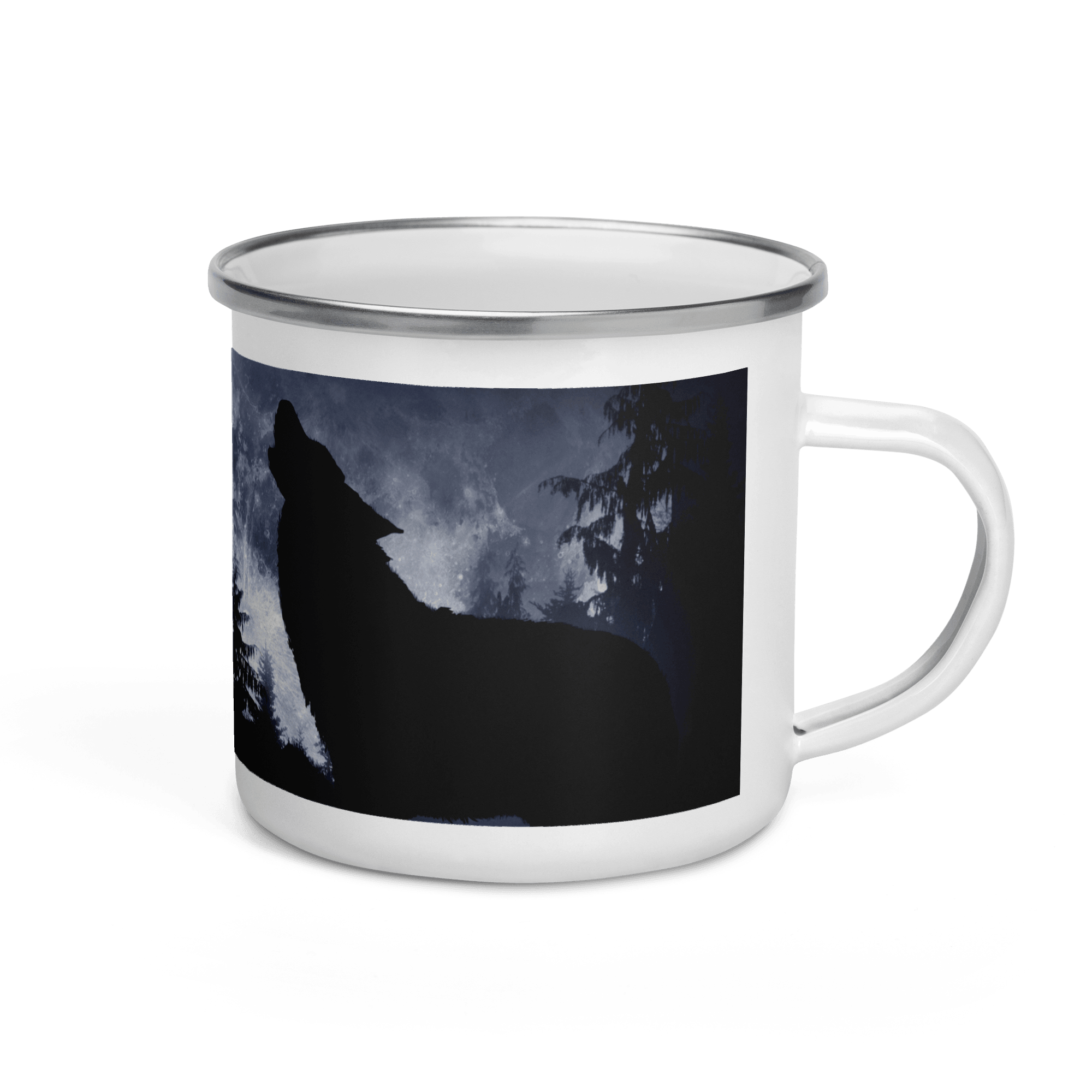 Wolf Hows in Night On Moon Enamel Mug Camp Mug Enamel Camping Coffee Cup Gift Wolf Mug Perfect Holiday Birthday Chirstmas Valentines Gift For Him - STEVVEX POD - 1002, Black and white wolfs mug, Winter Decor mug, Wolf and moon mug, Wolf And mountain Mug, Wolf In dark Mug, Wolf in snow, Wolf in snow enamel mug, Wolf Mug, Wolf On Mountain, Wolf printed enamel mug - Stevvex.com