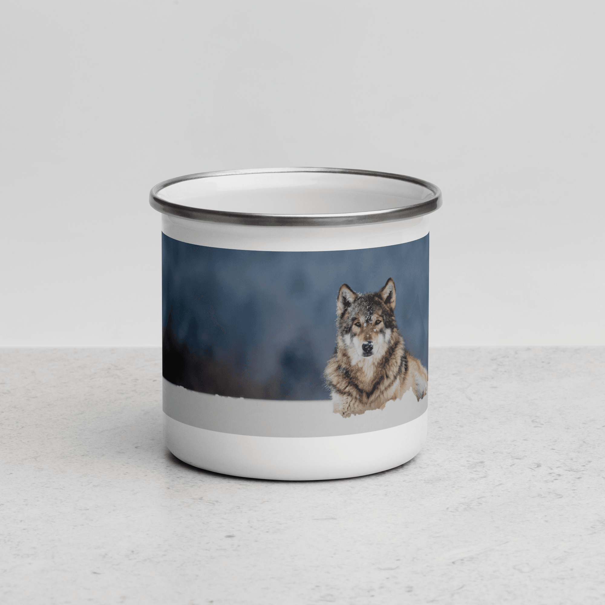 Wolf In Snow Full Printed Enamel Mug Printed Coffee Mug Perfect Holiday Print On Demand Gift For Christimas, Birthday, Father Days, Mother Day, Inspirative Coffee Mug Design Ideal For Campers - STEVVEX POD - 1002, enammel mug, Print on demand enammel mug, Valentine mug, Wolf in snow, Wolf in snow enamel mug, Wolf Mug, Wolf printed enamel mug - Stevvex.com