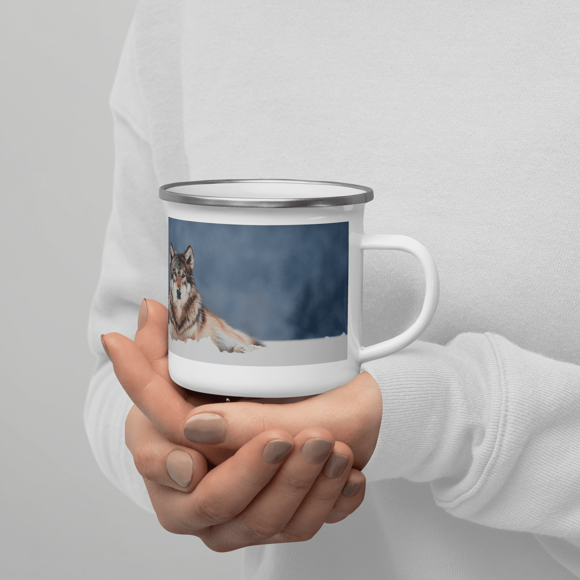 Wolf In Snow Full Printed Enamel Mug Printed Coffee Mug Perfect Holiday Print On Demand Gift For Christimas, Birthday, Father Days, Mother Day, Inspirative Coffee Mug Design Ideal For Campers - STEVVEX POD - 1002, enammel mug, Print on demand enammel mug, Valentine mug, Wolf in snow, Wolf in snow enamel mug, Wolf Mug, Wolf printed enamel mug - Stevvex.com