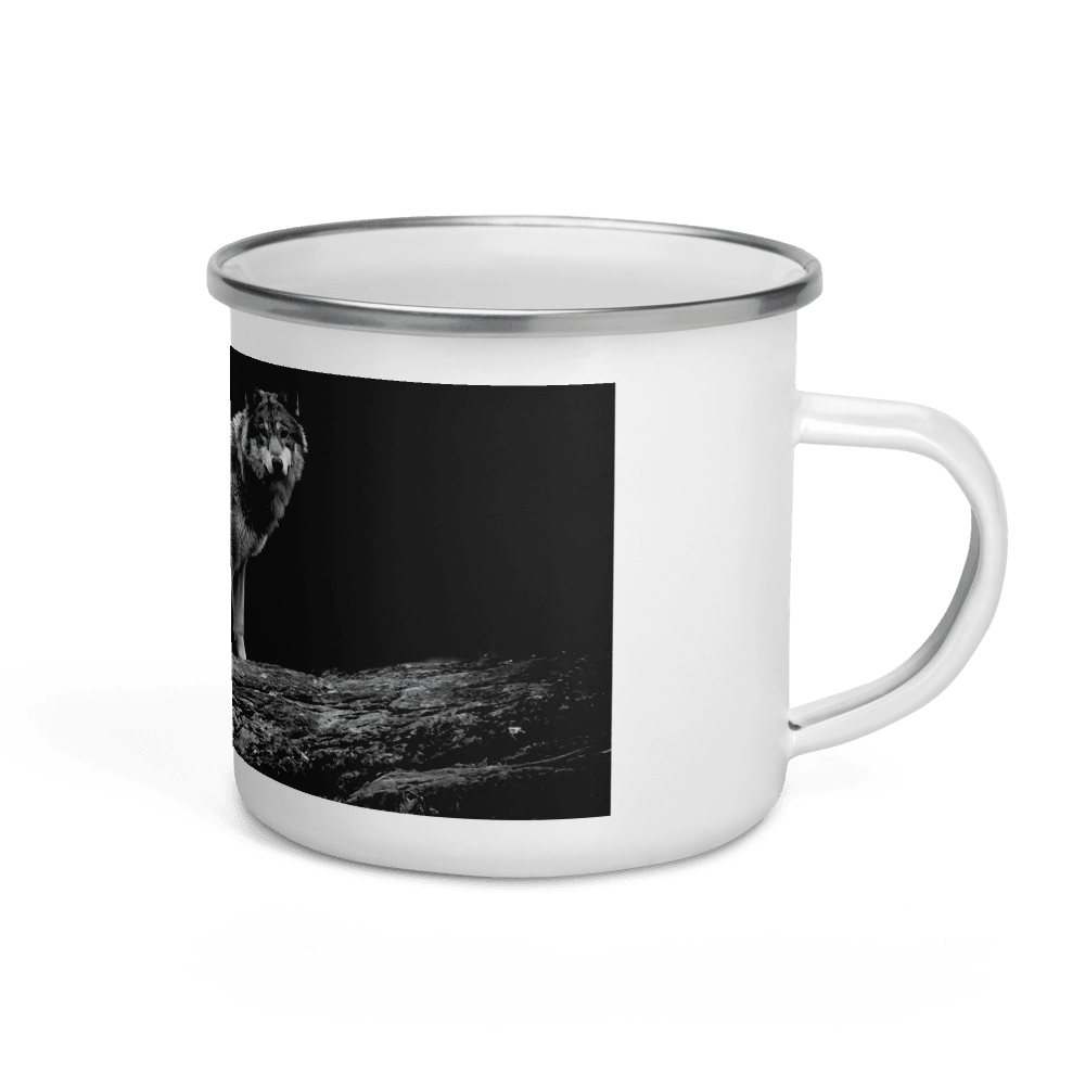 Wolf On Mountain In Dark Enamel Mug Sweet Wolf Mug Coffee Perfect Holiday Birthday Gift For Him Full Printed Enamel Mug For Campers - STEVVEX POD - 1002, Black and white wolfs mug, Enammel mug with wolfs, Winter Decor mug, Wolf In dark Mug, Wolf in snow, Wolf in snow enamel mug, Wolf Mug, Wolf On Mountain, Wolf printed enamel mug - Stevvex.com