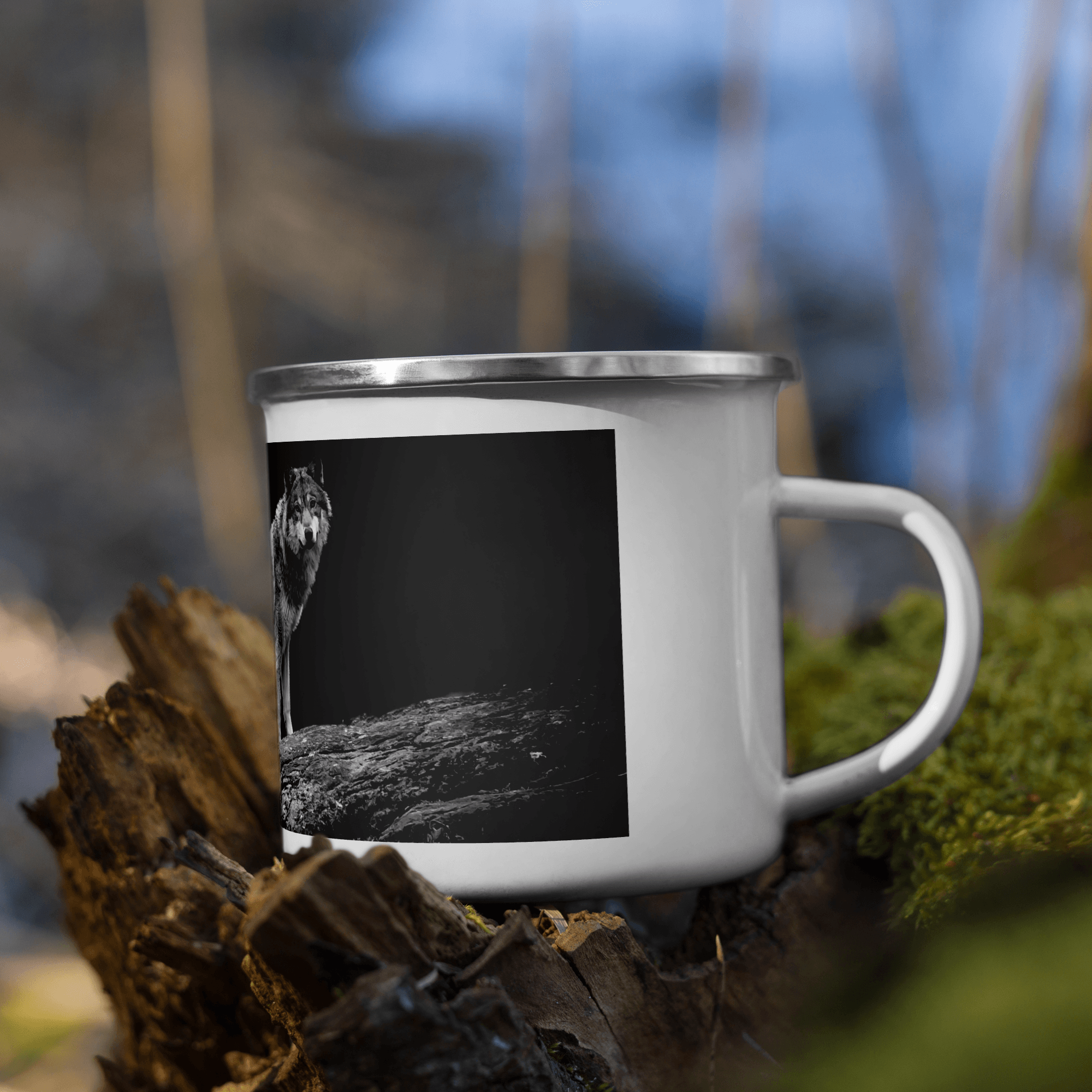 Wolf On Mountain In Dark Enamel Mug Sweet Wolf Mug Coffee Perfect Holiday Birthday Gift For Him Full Printed Enamel Mug For Campers - STEVVEX POD - 1002, Black and white wolfs mug, Enammel mug with wolfs, Winter Decor mug, Wolf In dark Mug, Wolf in snow, Wolf in snow enamel mug, Wolf Mug, Wolf On Mountain, Wolf printed enamel mug - Stevvex.com