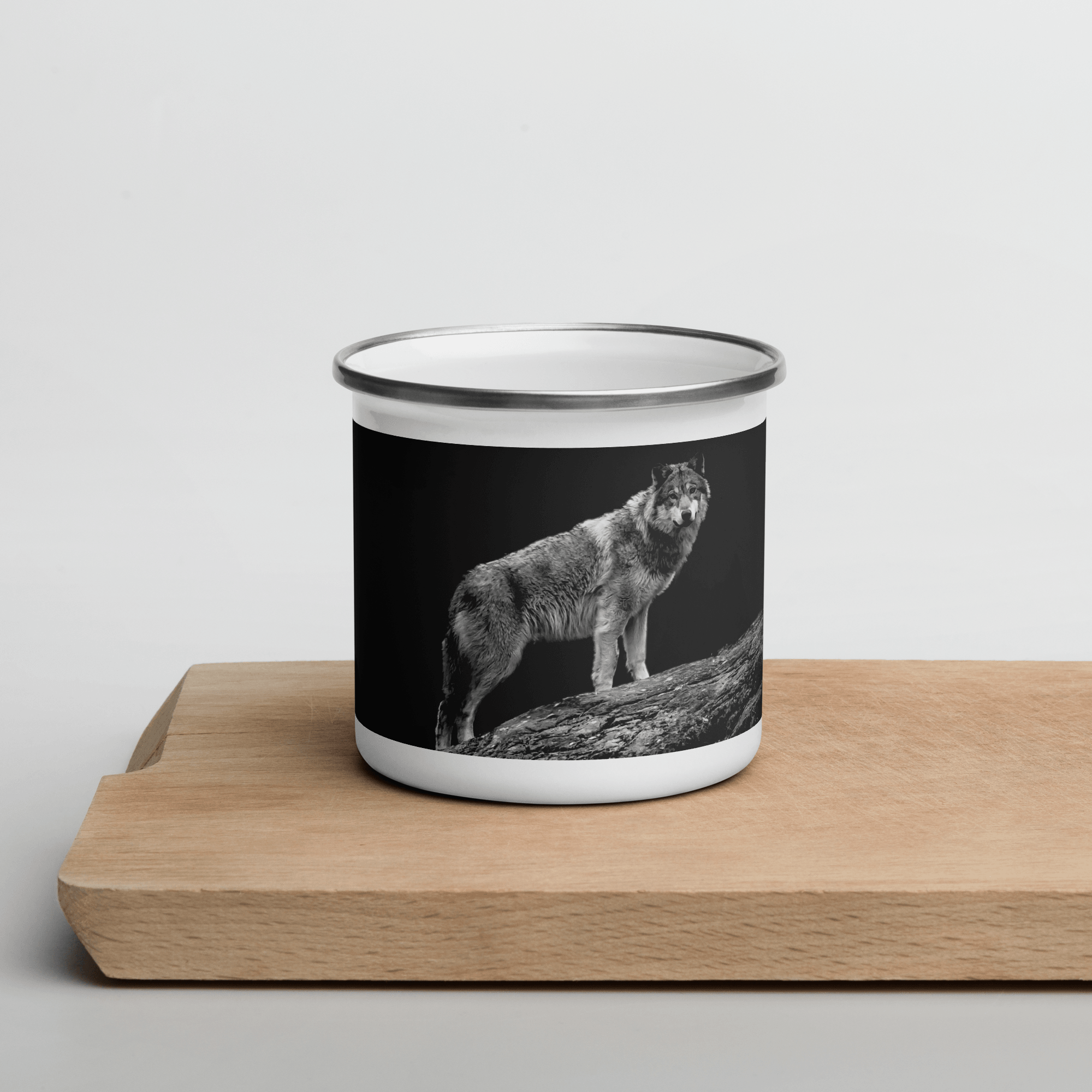 Wolf On Mountain In Dark Enamel Mug Sweet Wolf Mug Coffee Perfect Holiday Birthday Gift For Him Full Printed Enamel Mug For Campers - STEVVEX POD - 1002, Black and white wolfs mug, Enammel mug with wolfs, Winter Decor mug, Wolf In dark Mug, Wolf in snow, Wolf in snow enamel mug, Wolf Mug, Wolf On Mountain, Wolf printed enamel mug - Stevvex.com