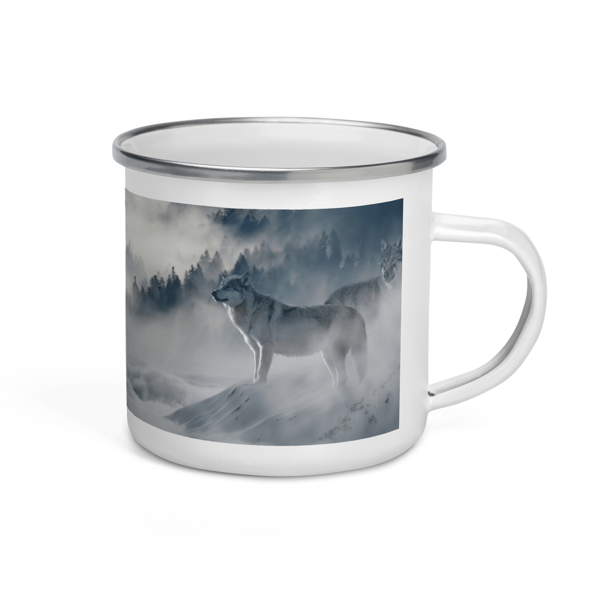 Wolf Staying In Snow On Foggy Snowy Mountain Enamel Mug Full Printed Mug For Tea Cup Coffee Mug Soup mug Metal Cups Travel Mugs for Coffee Mug Set for Backpacking & Hiking - STEVVEX POD - 1002, Black and white wolfs mug, Enammel mug with wolfs, Winter Decor mug, Wolf and forest mountain, Wolf And mountain Mug, Wolf In dark Mug, Wolf in snow, Wolf in snow enamel mug, Wolf Mug, Wolf On Mountain, Wolf printed enamel mug - Stevvex.com