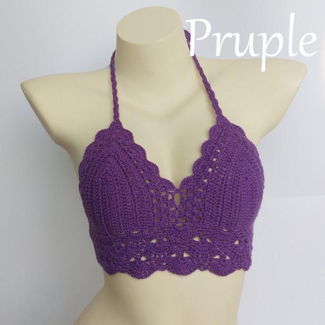 Woman Bikini Top Crochet Knit Separate Female Women Comfortable Beach Crochet Crop Summer Halter Tank Top Beach Knit  Bra Beachwear Plus Size Bathing Suits Summer Beach Crochet Crop Tank Top