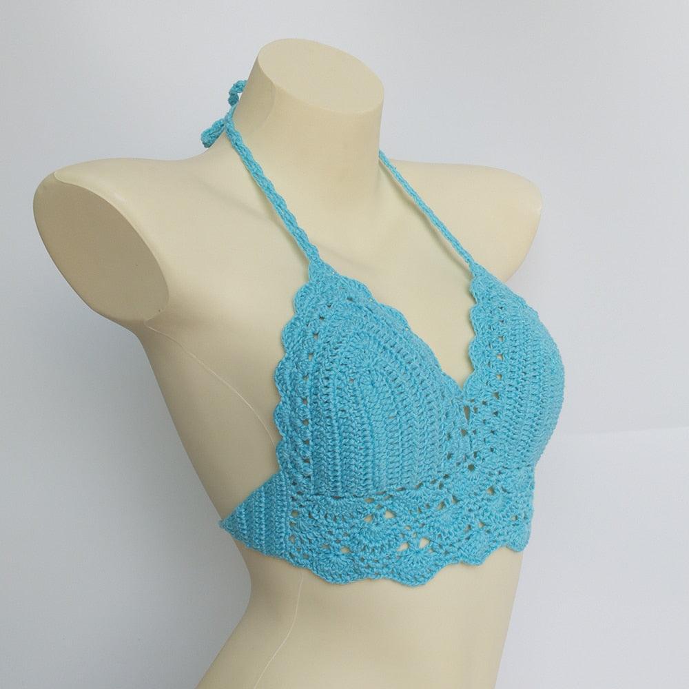 Woman Bikini Top Crochet Knit Separate Female Women Comfortable Beach Crochet Crop Summer Halter Tank Top Beach Knit  Bra Beachwear Plus Size Bathing Suits Summer Beach Crochet Crop Tank Top