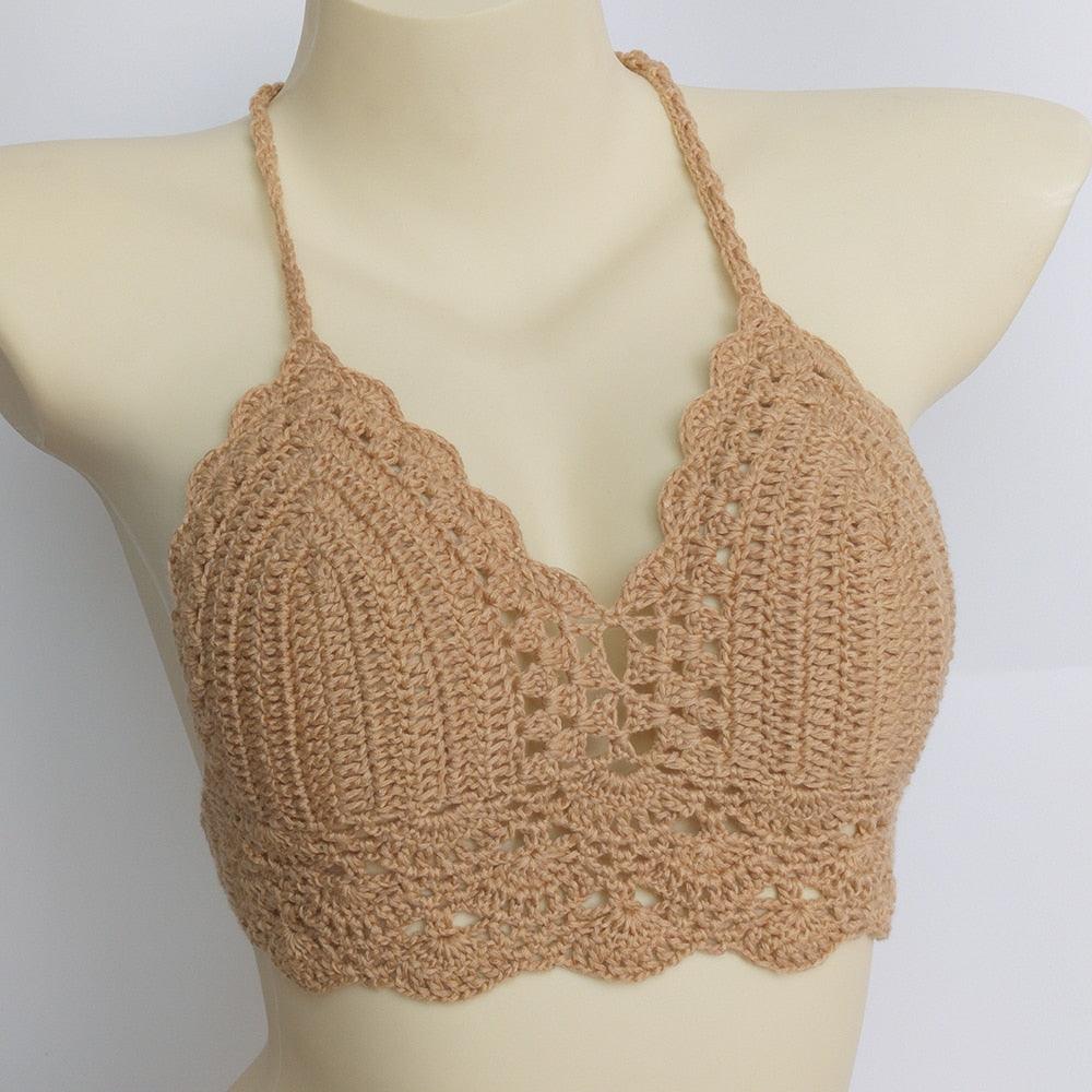 Woman Bikini Top Crochet Knit Separate Female Women Comfortable Beach Crochet Crop Summer Halter Tank Top Beach Knit  Bra Beachwear Plus Size Bathing Suits Summer Beach Crochet Crop Tank Top